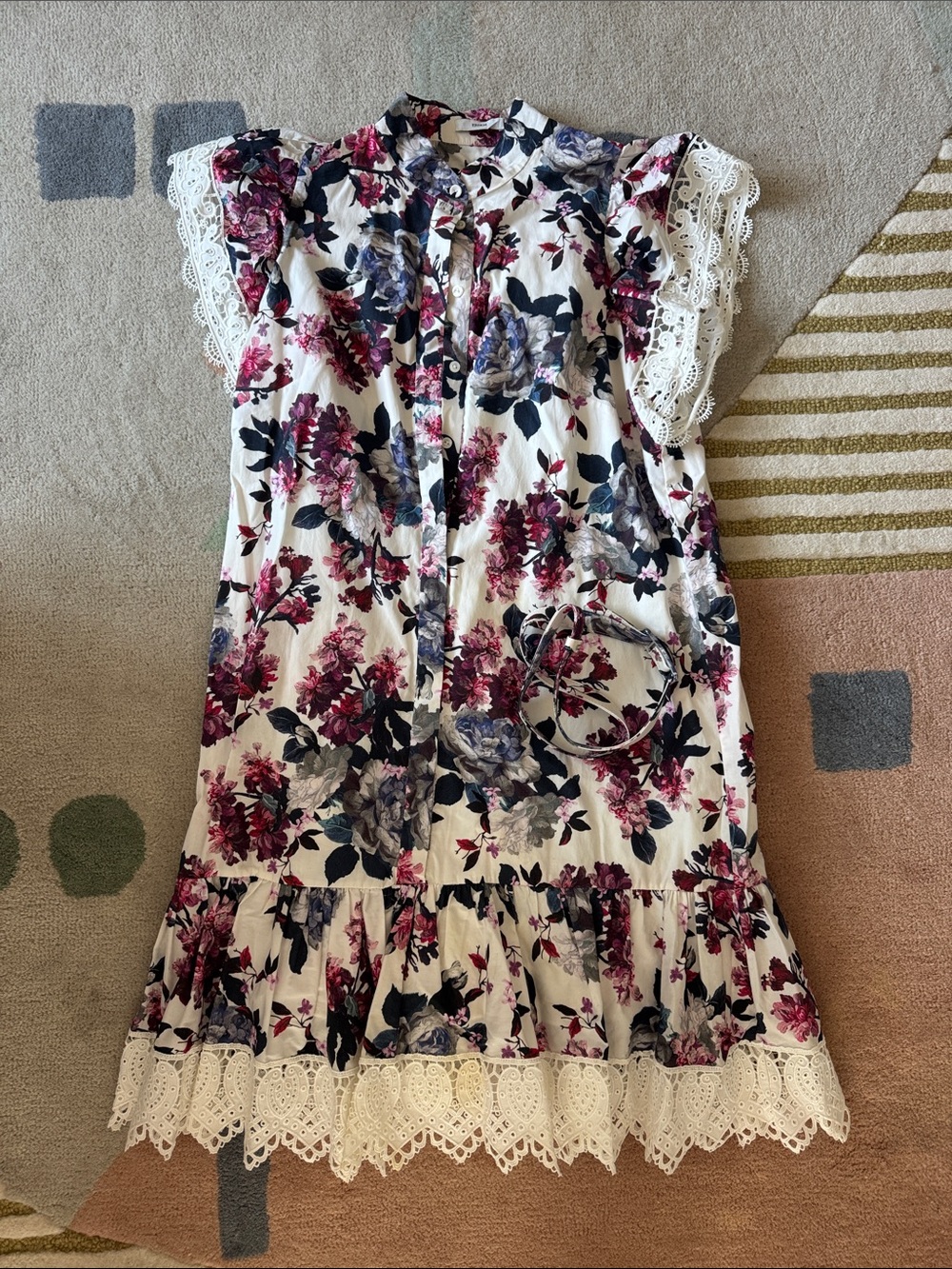 ERDEM White Dress with Purple and Pink Floral Print